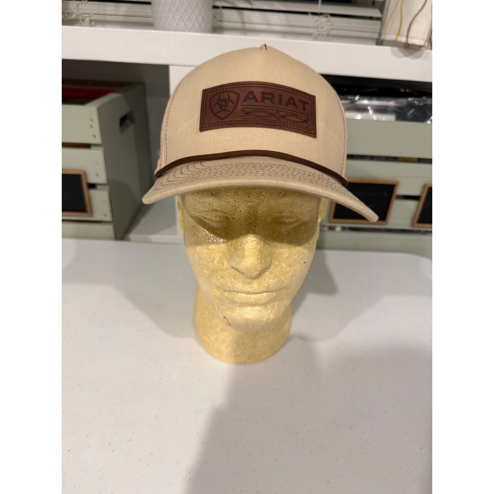 Ariat 110 Flexfit Tech Snapback Hat Tan Faux Leather Logo Patch Trucker Cap